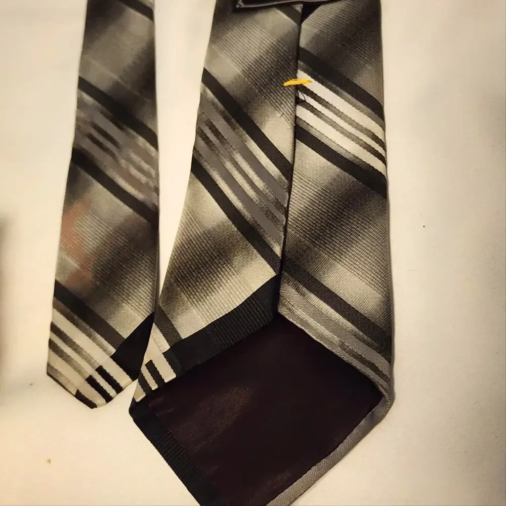 Vintage Mr. Blackwell Tie Mens Gray Black Striped Classic Woven Necktie Wide